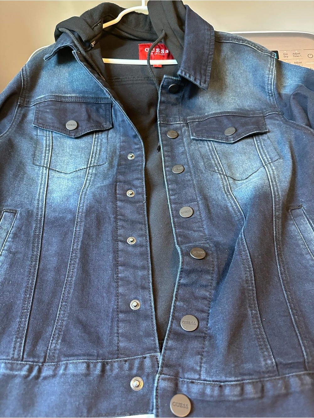 GUESS Men’s Blue Denim Jacket with Black Hoodie Layer